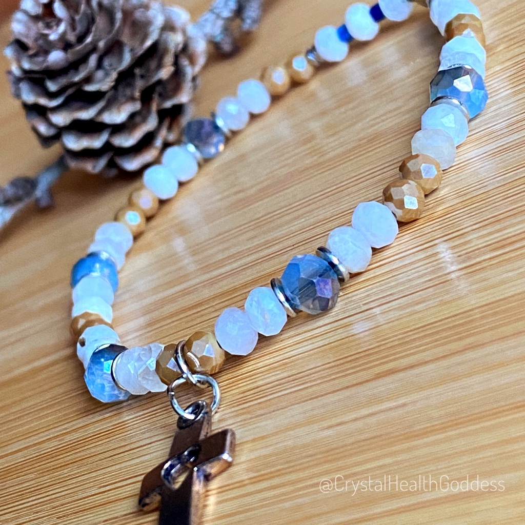 Christian Cross Moonstone With Austrian Crystals Bracelet